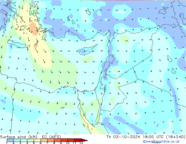 Surface wind (bft) EC (AIFS) Th 03.10.2024 18 UTC