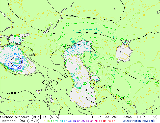 Isotachs (kph) EC (AIFS) вт 24.09.2024 00 UTC