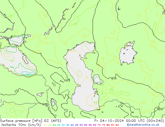 Isotachen (km/h) EC (AIFS) vr 04.10.2024 00 UTC