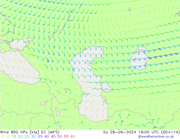 Wind 850 hPa EC (AIFS) Sa 28.09.2024 18 UTC