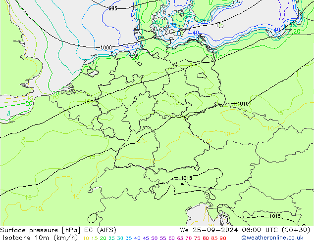 Isotachs (kph) EC (AIFS) We 25.09.2024 06 UTC