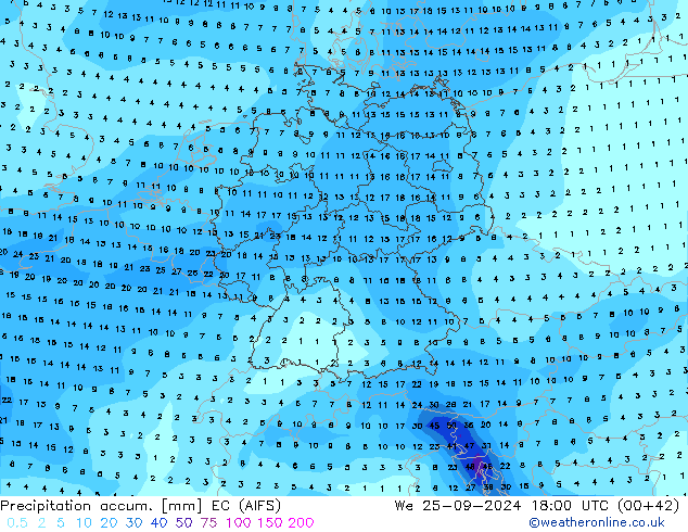 Precipitation accum. EC (AIFS) We 25.09.2024 18 UTC