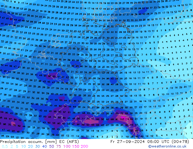 Precipitation accum. EC (AIFS) пт 27.09.2024 06 UTC