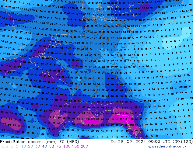 Precipitation accum. EC (AIFS) Dom 29.09.2024 00 UTC