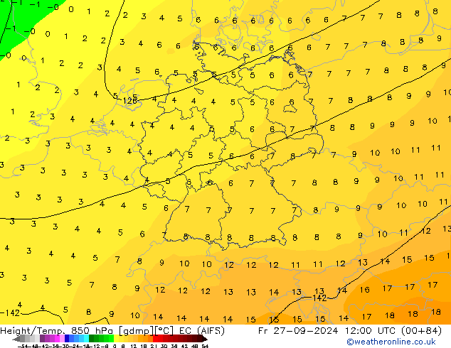 Géop./Temp. 850 hPa EC (AIFS) ven 27.09.2024 12 UTC