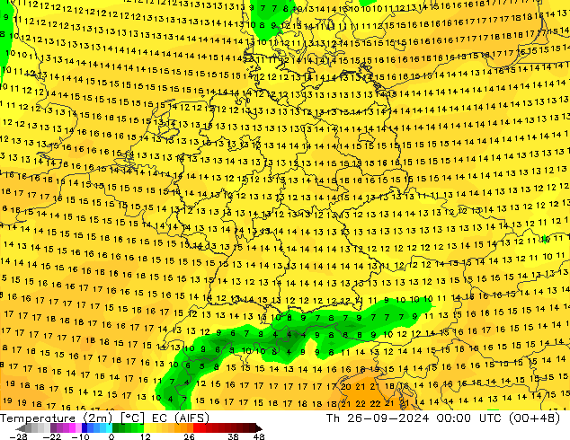 Temperature (2m) EC (AIFS) Th 26.09.2024 00 UTC