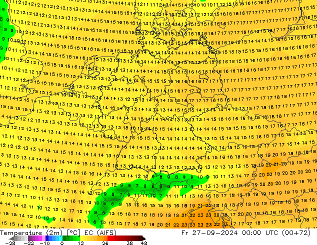 mapa temperatury (2m) EC (AIFS) pt. 27.09.2024 00 UTC