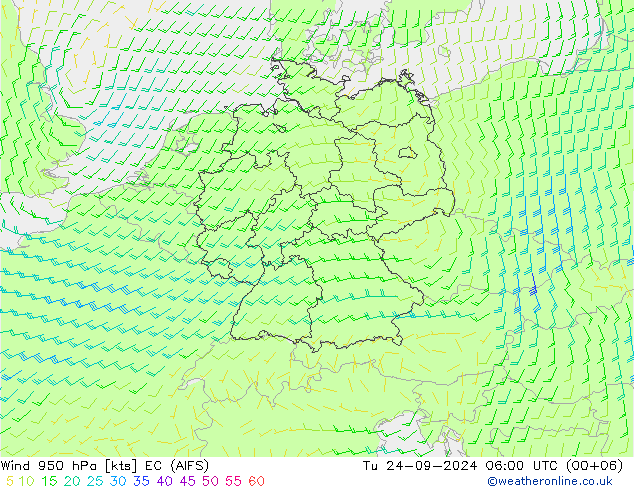 Wind 950 hPa EC (AIFS) Tu 24.09.2024 06 UTC