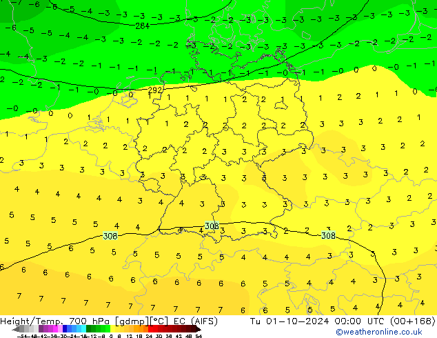 Height/Temp. 700 hPa EC (AIFS) Tu 01.10.2024 00 UTC