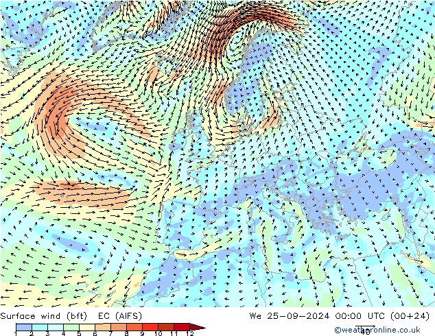 wiatr 10 m (bft) EC (AIFS) śro. 25.09.2024 00 UTC