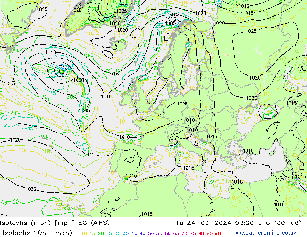 Isotachs (mph) EC (AIFS) Út 24.09.2024 06 UTC