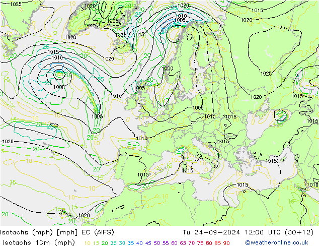 Eşrüzgar Hızları mph EC (AIFS) Sa 24.09.2024 12 UTC