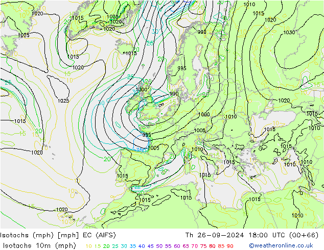 Isotachen (mph) EC (AIFS) do 26.09.2024 18 UTC