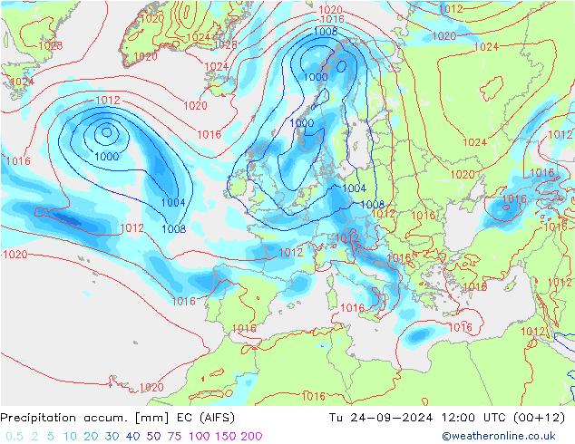 Precipitation accum. EC (AIFS) mar 24.09.2024 12 UTC