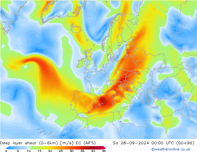 Deep layer shear (0-6km) EC (AIFS)  28.09.2024 00 UTC