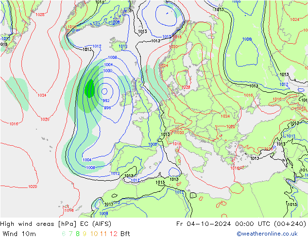 yüksek rüzgarlı alanlar EC (AIFS) Cu 04.10.2024 00 UTC
