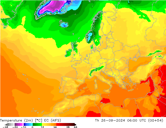 Temperature (2m) EC (AIFS) Th 26.09.2024 06 UTC