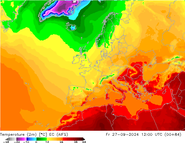 mapa temperatury (2m) EC (AIFS) pt. 27.09.2024 12 UTC