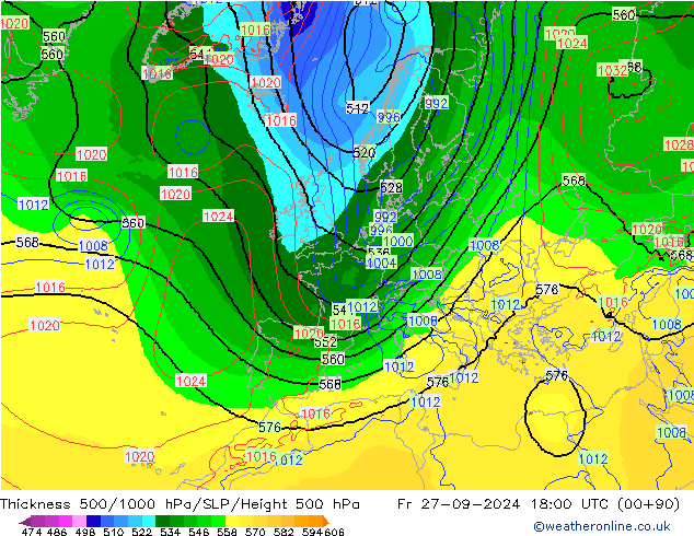 Espesor 500-1000 hPa EC (AIFS) vie 27.09.2024 18 UTC