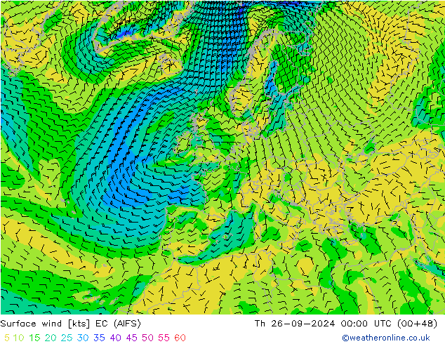 Wind 10 m EC (AIFS) do 26.09.2024 00 UTC