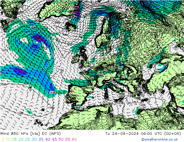 Wind 850 hPa EC (AIFS) di 24.09.2024 06 UTC