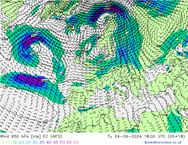 Vento 950 hPa EC (AIFS) Ter 24.09.2024 18 UTC