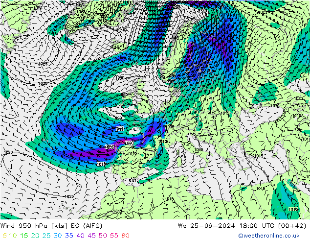 Wind 950 hPa EC (AIFS) We 25.09.2024 18 UTC