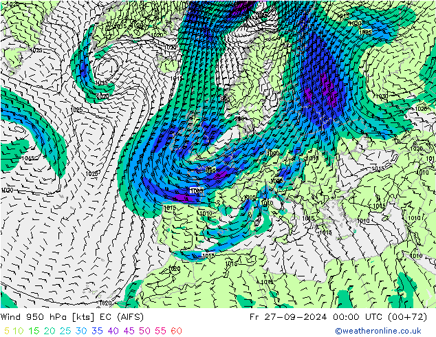 Wind 950 hPa EC (AIFS) Fr 27.09.2024 00 UTC