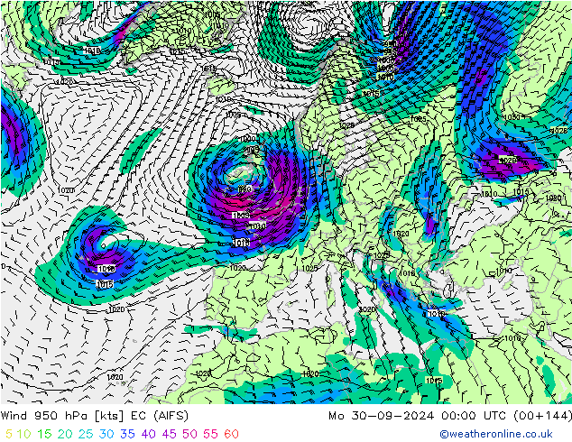 Wind 950 hPa EC (AIFS) ma 30.09.2024 00 UTC