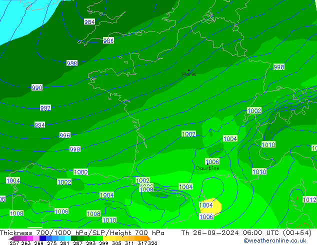 Thck 700-1000 hPa EC (AIFS) jeu 26.09.2024 06 UTC