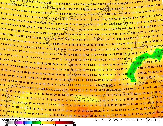 Temperature (2m) EC (AIFS) Tu 24.09.2024 12 UTC