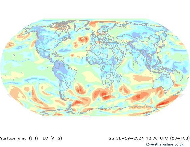 Wind 10 m (bft) EC (AIFS) za 28.09.2024 12 UTC