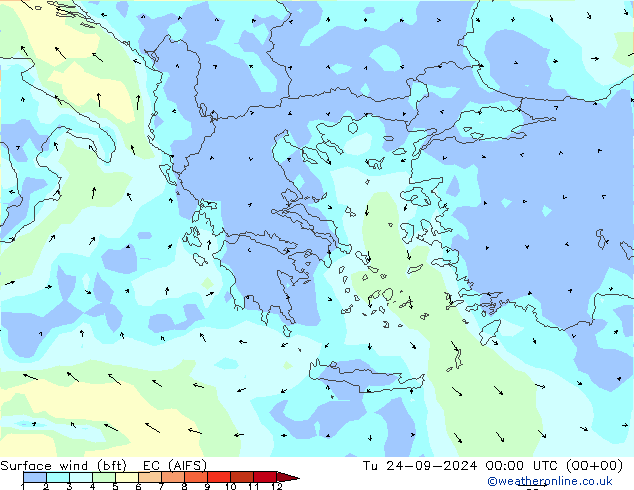 Viento 10 m (bft) EC (AIFS) mar 24.09.2024 00 UTC