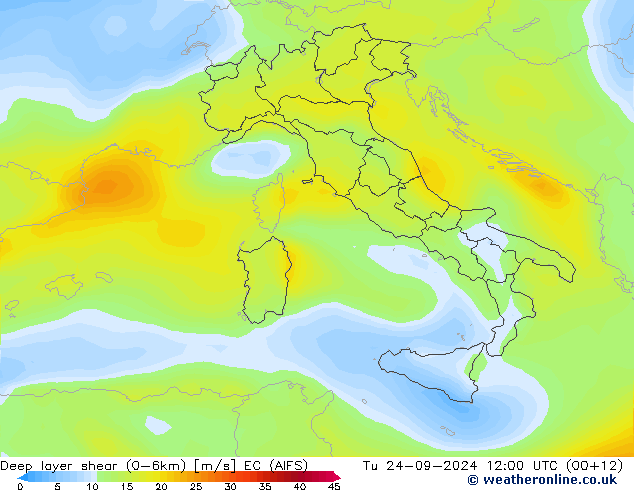 Deep layer shear (0-6km) EC (AIFS)  24.09.2024 12 UTC