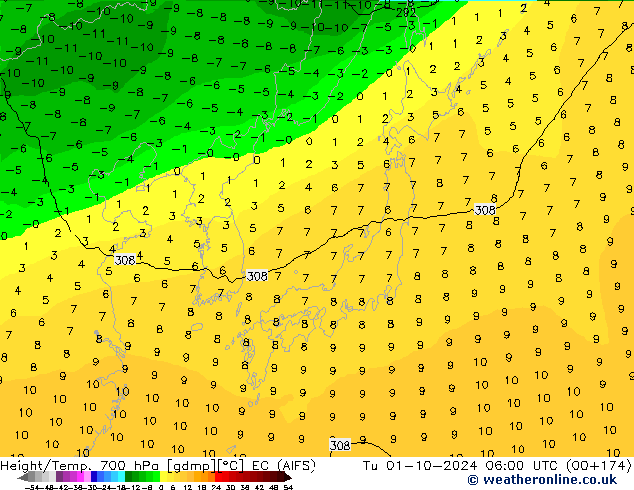 Geop./Temp. 700 hPa EC (AIFS) mar 01.10.2024 06 UTC