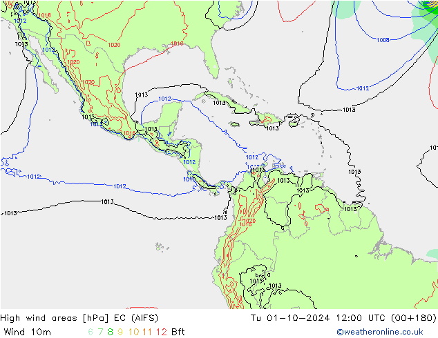 High wind areas EC (AIFS) Ter 01.10.2024 12 UTC