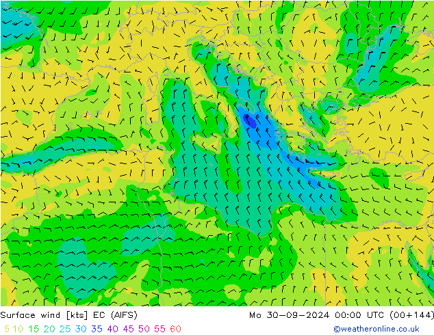 Vento 10 m EC (AIFS) lun 30.09.2024 00 UTC