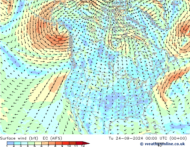 Bodenwind (bft) EC (AIFS) Di 24.09.2024 00 UTC