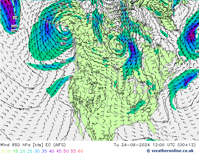 Vento 950 hPa EC (AIFS) mar 24.09.2024 12 UTC