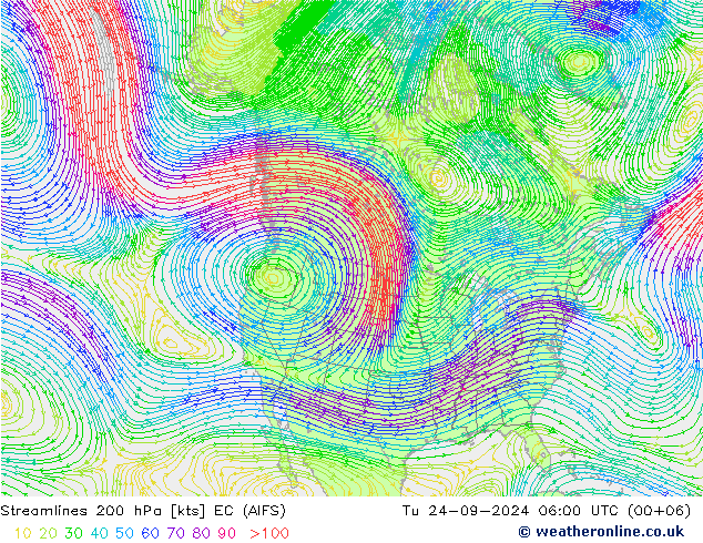 Linia prądu 200 hPa EC (AIFS) wto. 24.09.2024 06 UTC