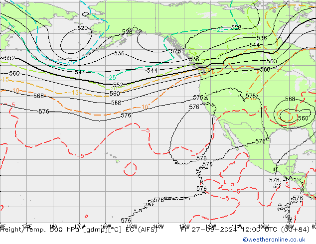 Hoogte/Temp. 500 hPa EC (AIFS) vr 27.09.2024 12 UTC