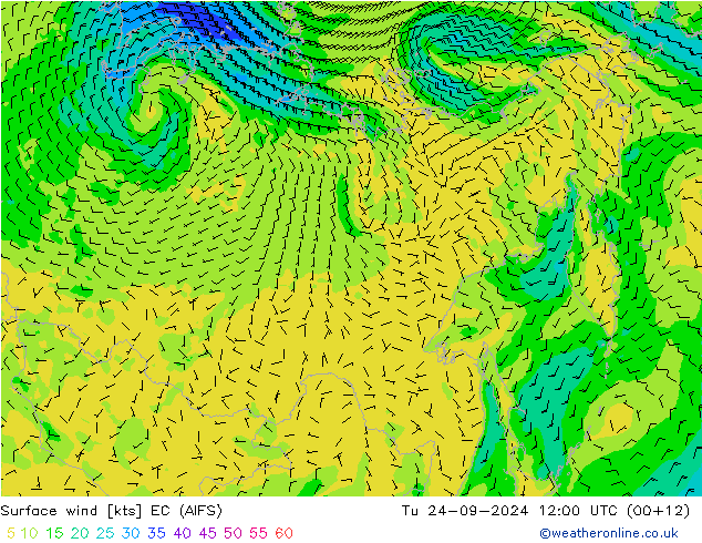 Vento 10 m EC (AIFS) mar 24.09.2024 12 UTC