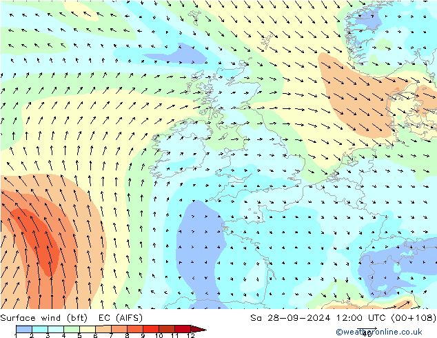 Surface wind (bft) EC (AIFS) Sa 28.09.2024 12 UTC