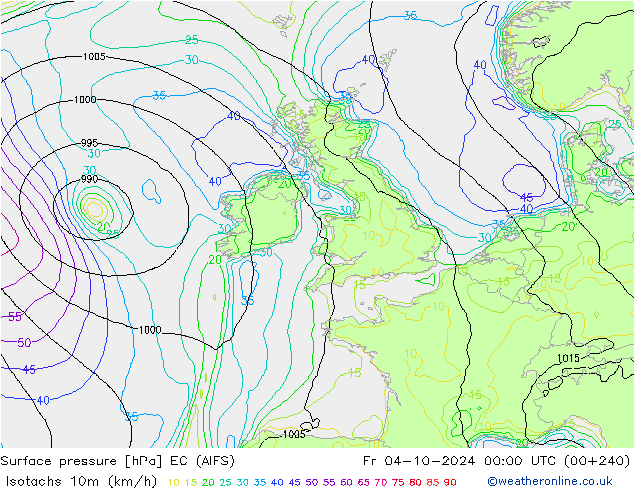 Isotaca (kph) EC (AIFS) vie 04.10.2024 00 UTC