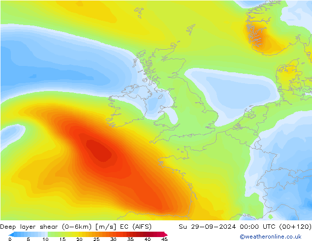 Deep layer shear (0-6km) EC (AIFS) Paz 29.09.2024 00 UTC