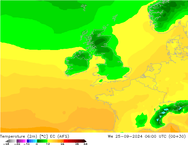 Temperature (2m) EC (AIFS) We 25.09.2024 06 UTC