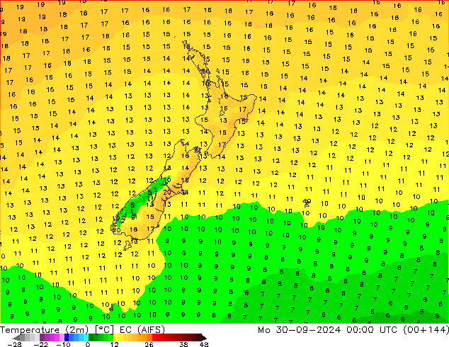 température (2m) EC (AIFS) lun 30.09.2024 00 UTC