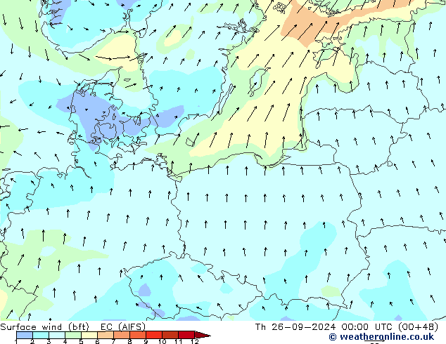 Surface wind (bft) EC (AIFS) Čt 26.09.2024 00 UTC