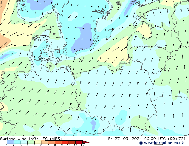 Viento 10 m (bft) EC (AIFS) vie 27.09.2024 00 UTC