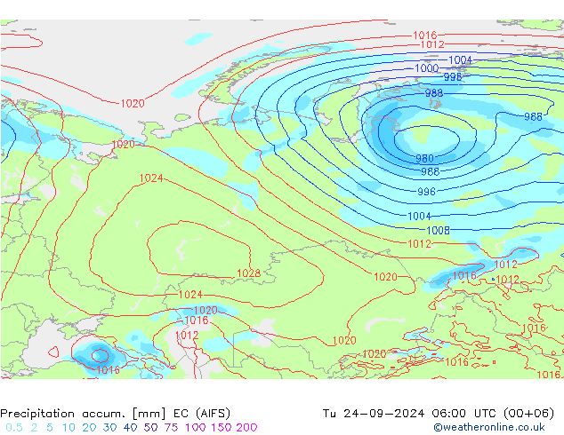 Precipitation accum. EC (AIFS) wto. 24.09.2024 06 UTC